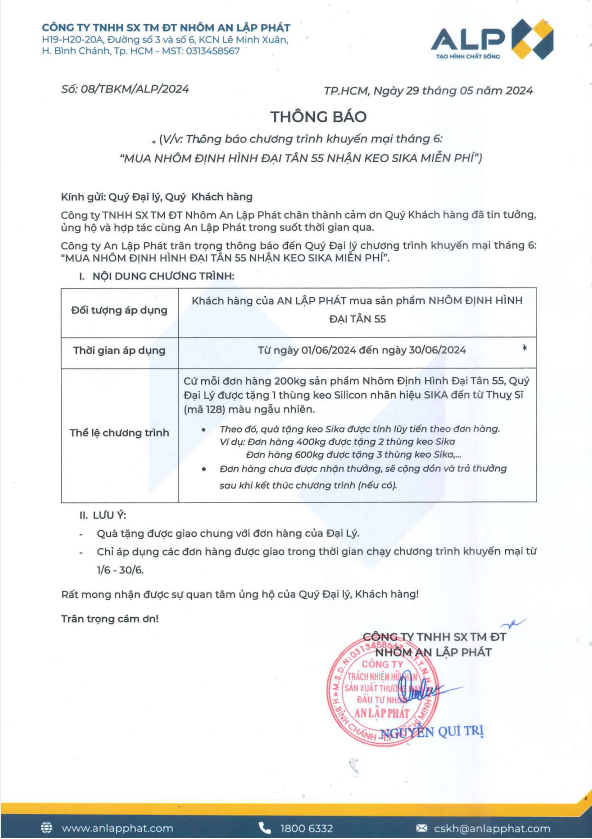 Chương trình khuyến mãi được diễn ra trong 6 đối với các  sản phẩm Nhôm định hình Đại Tân 55